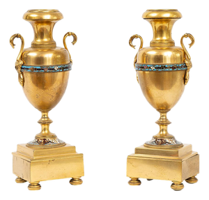 Antique 19th Century Amphora-Shaped Vases in Gilded Bronze with Cloisonné Inlays, France, Set of 2