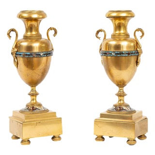 Antique 19th Century Amphora Vases in Gilt Bronze with Cloisonné Inserts, France, Set of 2 For Sale