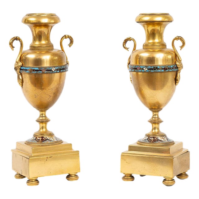 Antique 19th Century Amphora Vases in Gilt Bronze with Cloisonné Inserts, France, Set of 2 For Sale