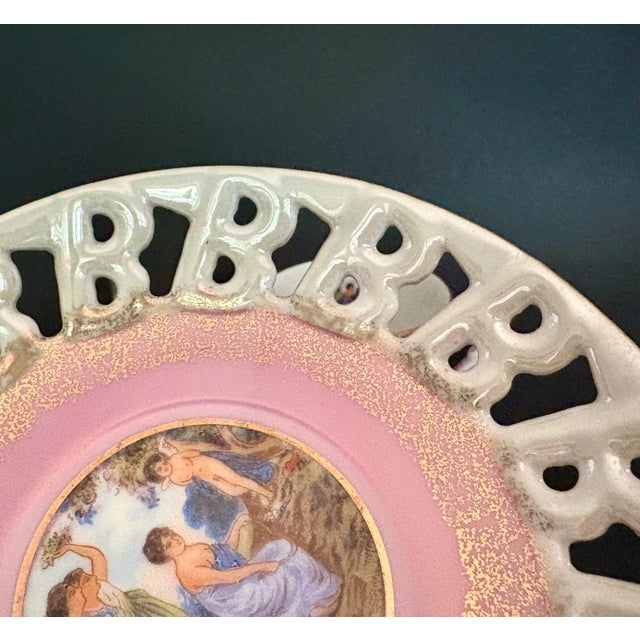 Vintage Royal Halsey Teacup & Saucer: Gilded Pastoral Scene, Reticulated Saucer For Sale In Miami - Image 6 of 8