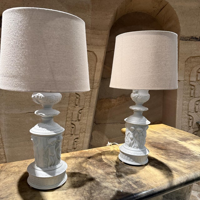 Dresden Porcelain Pair of Dresden Bisque Porcelain Cherub Table Lamps Neoclassical Germany For Sale - Image 4 of 13