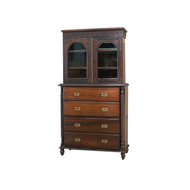 Antique Anglo-Indian Carved Desk Bookcase, India, 19th Century For Sale