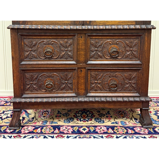 Antique English Jacobean Bookcase Cabinet Double Door Glass Drawers Oak c.1930s For Sale - Image 13 of 18
