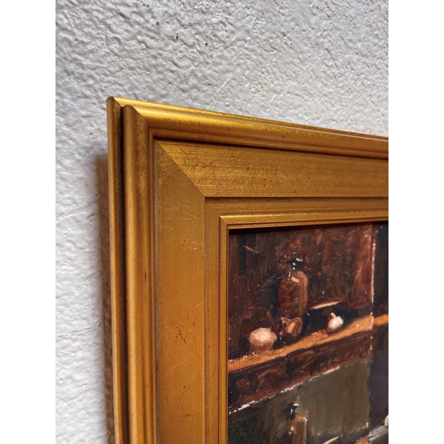 Abstract Untitled by Kaz Umezono | Oil on panel Still life of bottles and fruits on shelves For Sale - Image 3 of 4