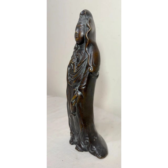 Chinese Antique 19th Century Chinese Heavy Cast Bronze Guanyin Statue Sculpture Figure For Sale - Image 3 of 12