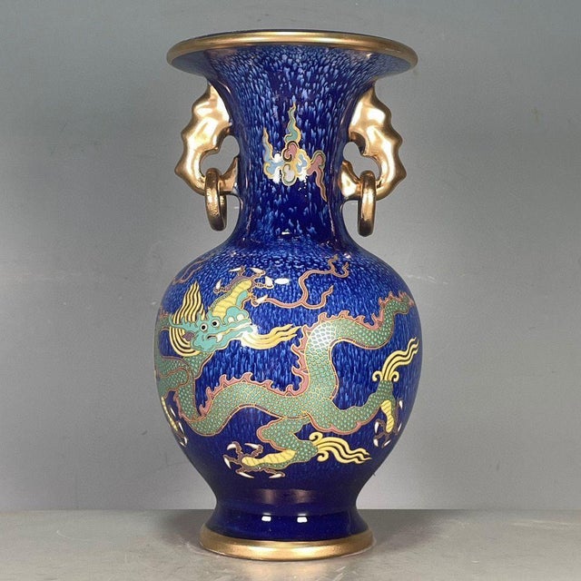 Mid 20th Century Deep Blue Gilded Dragon Porcelain Vase, Twin Gold Ring Handles Decorative Vase For Sale - Image 5 of 9