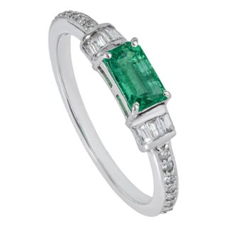 14k Gold East-West Zambian Octagon Emerald & Baguette Diamond Ring Size 9 For Sale