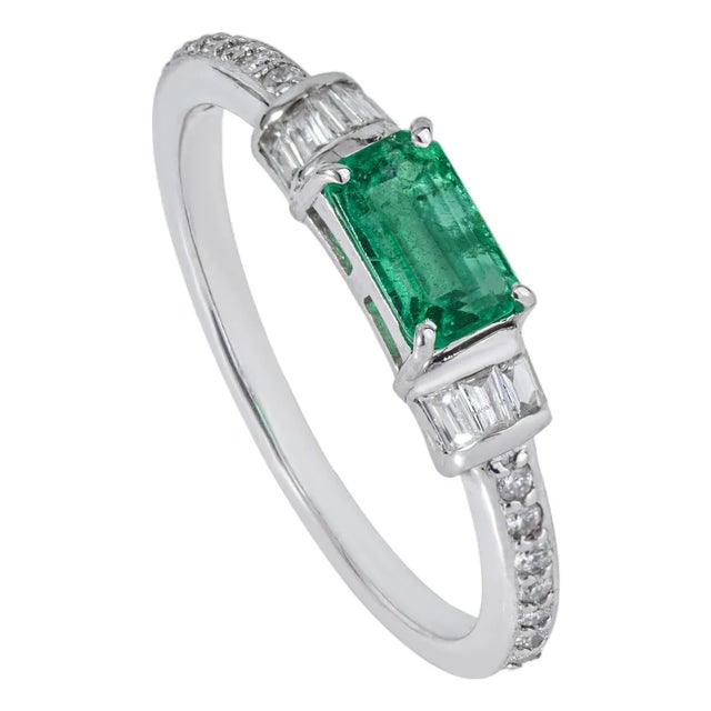 14k Gold East-West Zambian Octagon Emerald & Baguette Diamond Ring Size 9 For Sale