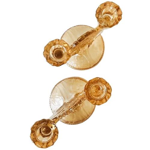 Glass Art Deco Carnival Glass Peach Candlesticks from Jeanette, 1930s, Set of 2 For Sale - Image 7 of 8