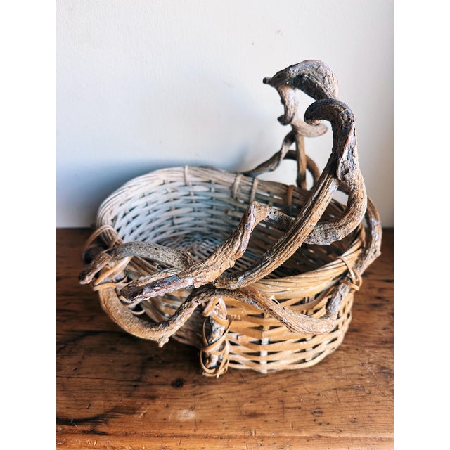 Vintage Twig Handle Basket Woven Oval For Sale - Image 9 of 12