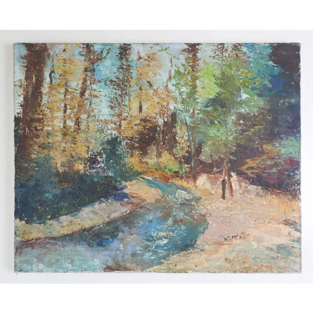 Mid 20th century oil on canvas modernist forest stream impressionist landscape painting. Impasto application, unsigned....