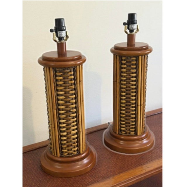 1970s Vintage Bamboo and Woven Rattan Coastal Table Lamps - a Pair For Sale - Image 5 of 11