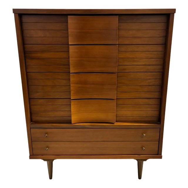 1960s Johnson Carper Mid-Century Modern Tallboy Dresser With Sculpted Fronts. Matching Pieces Available. For Sale