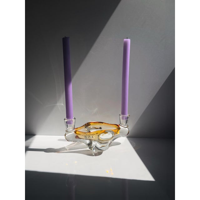 Vintage Amber and Clear Murano Glass Ashtray with Candleholders, Italy, 1970s For Sale - Image 4 of 4