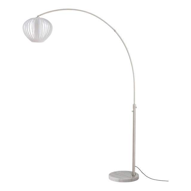 Float Arc Floor Lamp - Satin Nickel, Sphere White Satin Shade, Steel Marble Base, Dimmable For Sale