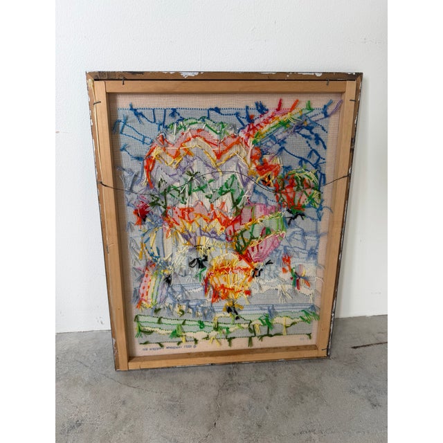 1982 Vintage Needlepoint Hot Air Balloon & Rainbow Artwork – Framed For Sale - Image 11 of 12