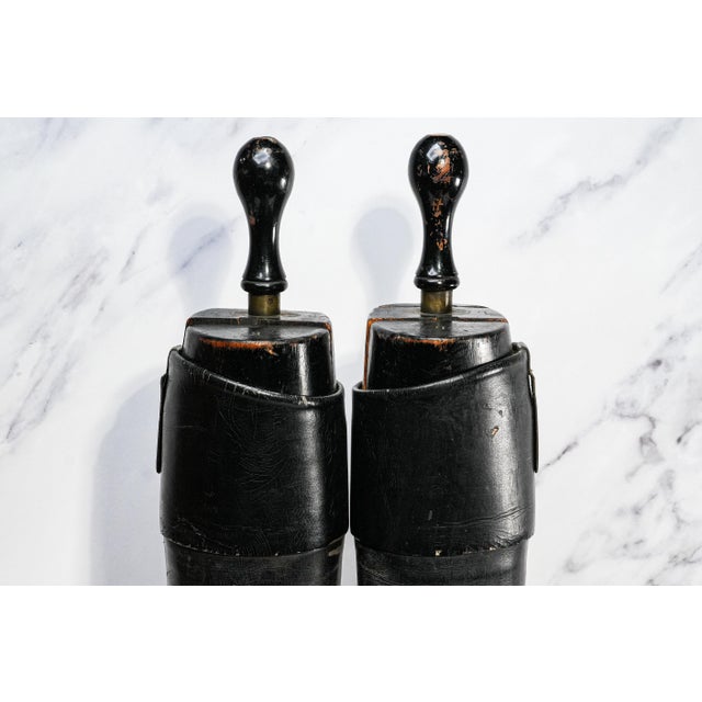 English Country Chic Black Leather Antique Riding Boots Horse Equestrian Home Decor Prop For Sale - Image 3 of 10