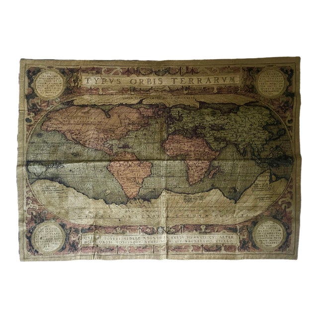 Belgian Jacquard-Woven Tapestry Featuring Abraham Ortelius' "Typvs Orbis Terrarvm" World Map For Sale