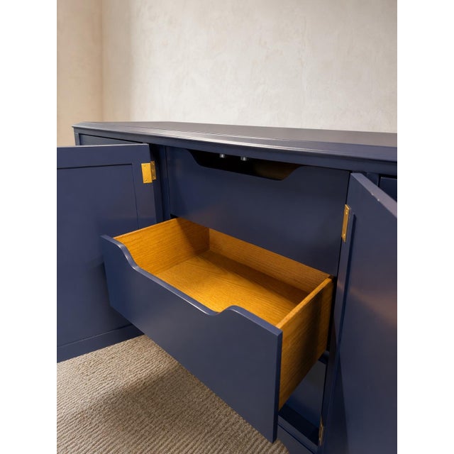 1970s Professionally Refinished Young Solid Oak Campaign Dresser Credenza, Navy Blue, Brass Hardware For Sale - Image 9 of 11
