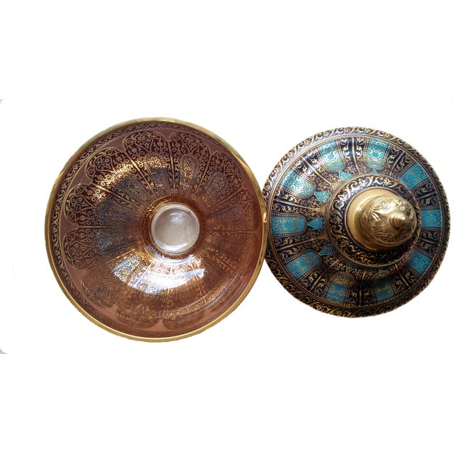 Hand Painted Glass Bowl With Cover Decorated With 24 Karat Gold and Multi-Blue Colors & Brass For Sale - Image 4 of 8