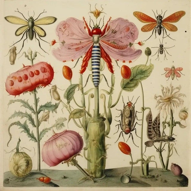 Traditional Set of 6 - 54" X 36" Gallery Wall Installation 'Insects and Flowers' Botanical Floral Prints, Unframed For Sale - Image 3 of 9