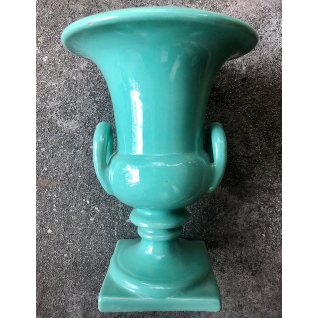 Italian Ceramic Pedestal Urn With Handles in Green For Sale - Image 4 of 10
