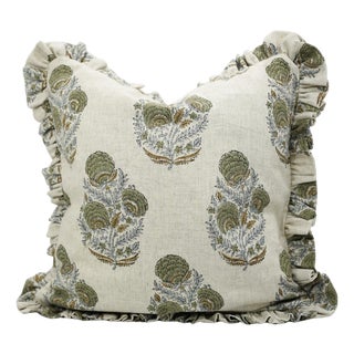 Handmade Floral Block Print Frill Pillow Cover Artisan Boho Decorative Throw Cushion 14x36 Inch- Mohini For Sale