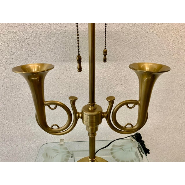 Vintage Brass Dual French Horn Bouillotte Lamp Adjustable Black Tole Shade For Sale - Image 4 of 7