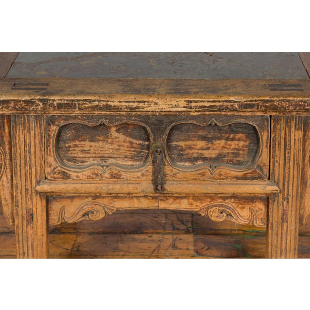 Chinese Qing Dynasty 19th Century Carved Low Elm Table with Ming Stone Inset For Sale - Image 12 of 13