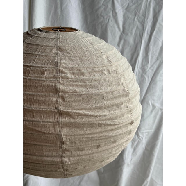 Japanese-Style Round Pink Rattan and Natural Linen Pendant Light For Sale - Image 16 of 18