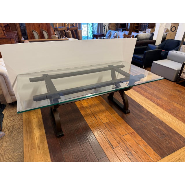 Wood Contemporary Sculptural Trestle Wood + Glass Dining Table For Sale - Image 7 of 12