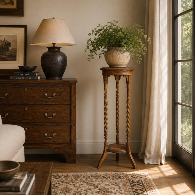 Vintage Solid Oak Barley-Twist Plant Stand. A tall vintage solid oak pedestal with a round top, four barley-twist...