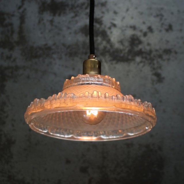 Art Deco French Brass and Etched Clear Glass Pendant Light, 1920s For Sale - Image 4 of 8
