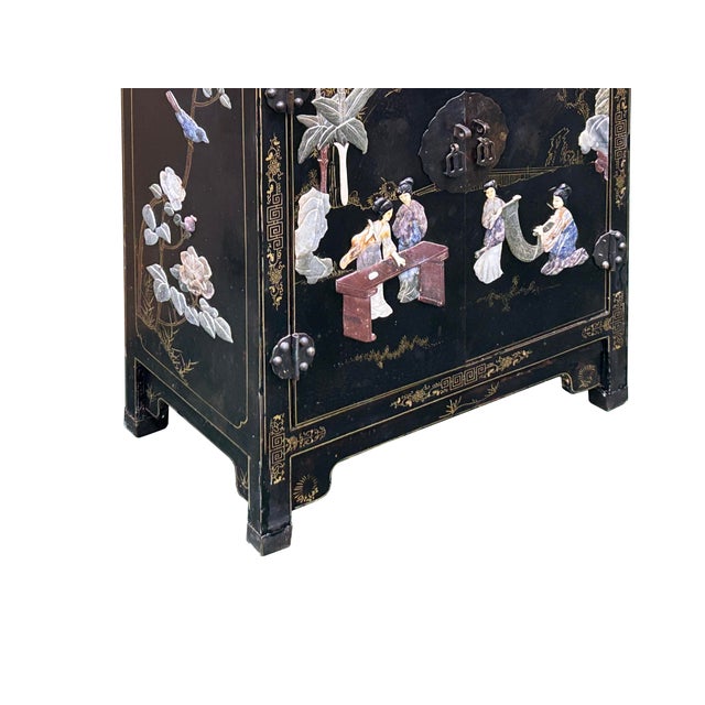 Vintage Chinoiseries Black & Stone Inlay Graphic End Table Nightstand For Sale - Image 14 of 15