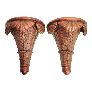 Vintage Carved Leaf Bronze Brown Regency Wall Sconce Wall Shelves- a Pair For Sale