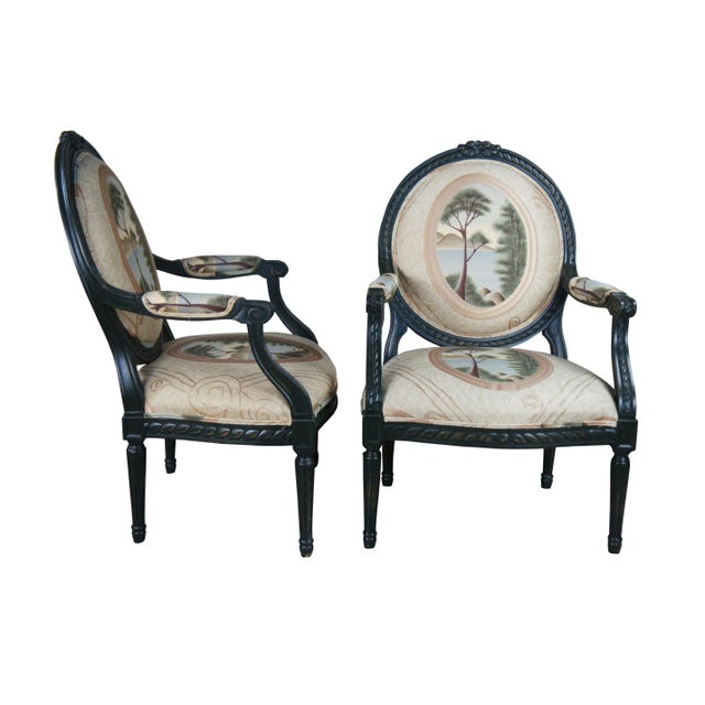 Two vintage Drexel Heritage fauteuil armchairs with French Louis XVI / Neoclassical styling that features an ebonized...