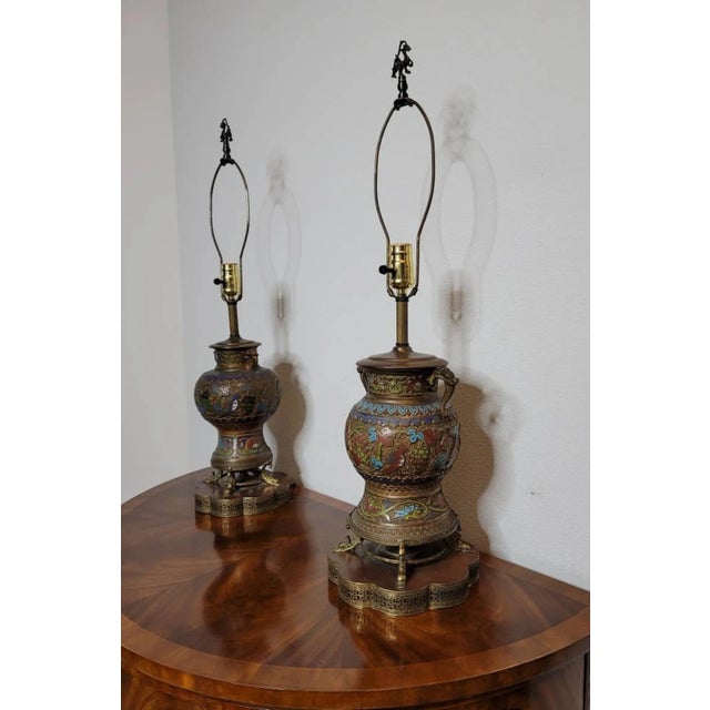 Late 19th Century Antique Asian Champleve’ Enameled Bronze Urns Fashioned As Table Lamps - A Pair For Sale - Image 5 of 11