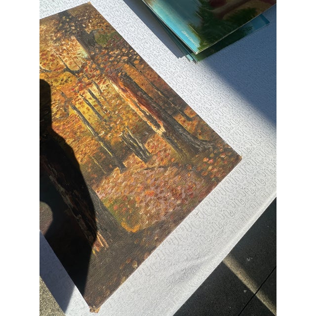 Textile 1990s Dark Fall Woods Foliage Landscape Painting on Canvas For Sale - Image 7 of 8