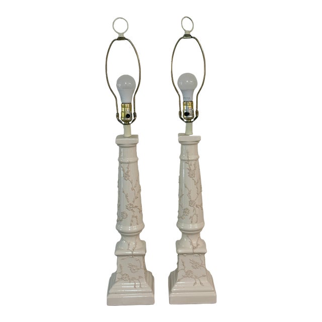 1950s Grand Scale 34" Chinoiserie "Floral Icing" Porcelain Lamps - Pair For Sale