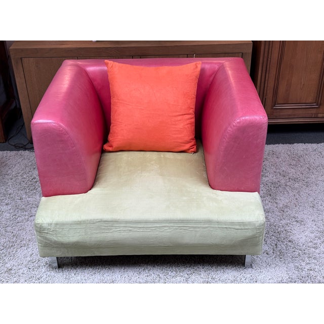 Mid-Century Modern Celery Micro-Suede + Rose Pink Leather Chair + Ottoman For Sale - Image 3 of 12