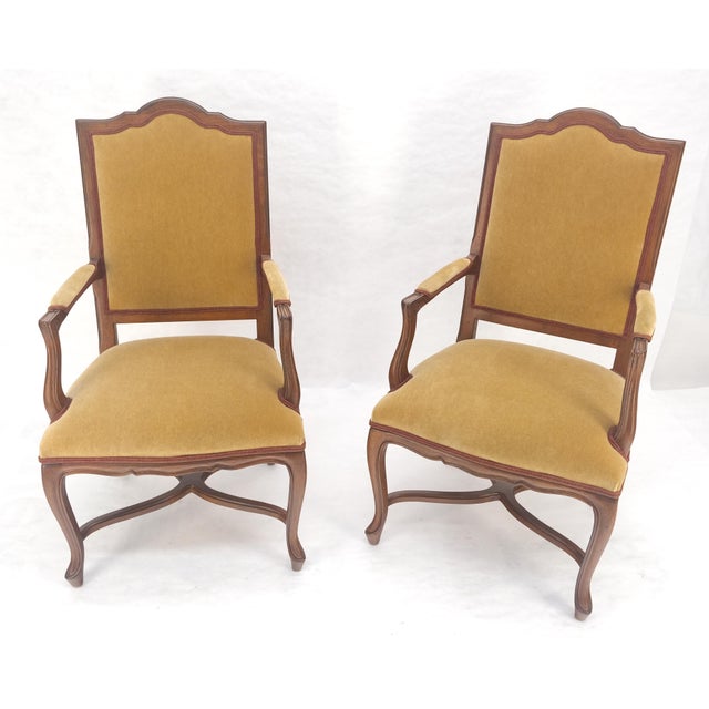 Pair of Carved French Style Mohair Fabric Carved Open Arm Lounge Chairs MINT! For Sale - Image 4 of 11