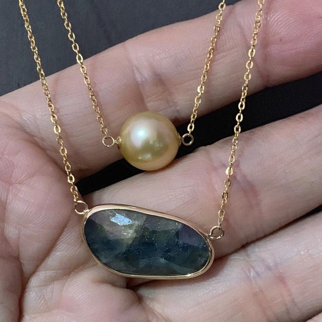 Certified #201820697 FINE AUTHENTIC CULTURED SALTWATER GOLDEN SOUTH SEA PEARL & SAPPHIRE 11.70 MM 14 KT SOLID GOLD 18 INCH...