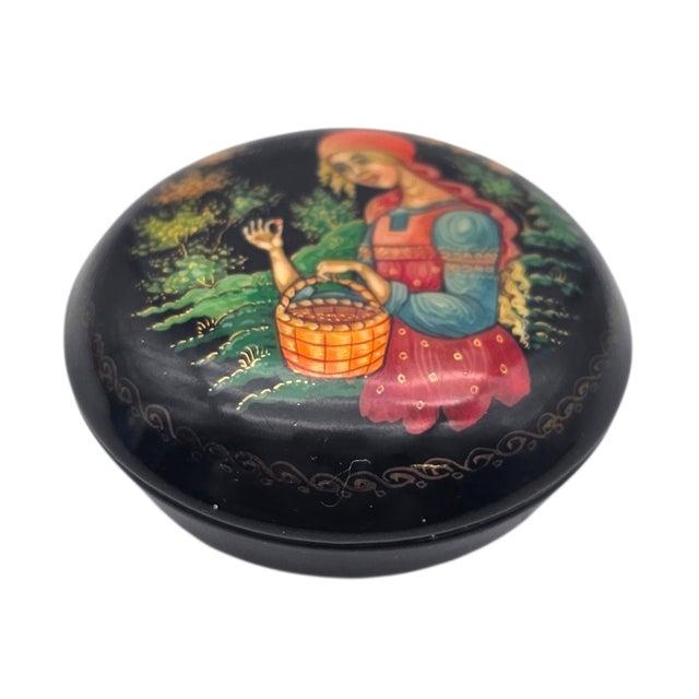 Rustic European Russian Palekh Style Hand Painted Lacquer Miniature Trinket Box Signed “Autumn” 2.125" For Sale - Image 3 of 16
