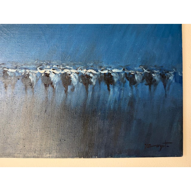 Blue 1980s Vintage Impressionist Animal Herd Oil on Canvas Painting – Signed, Unframed For Sale - Image 8 of 11