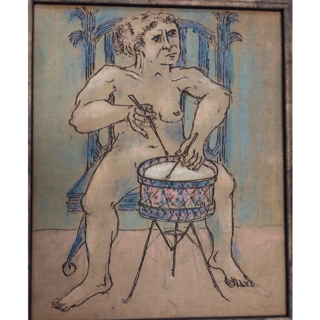 1950s Pair Vintage Whimsical Female and Male Nude Holding Musical Instrument Mixed Media Paintings For Sale - Image 5 of 7