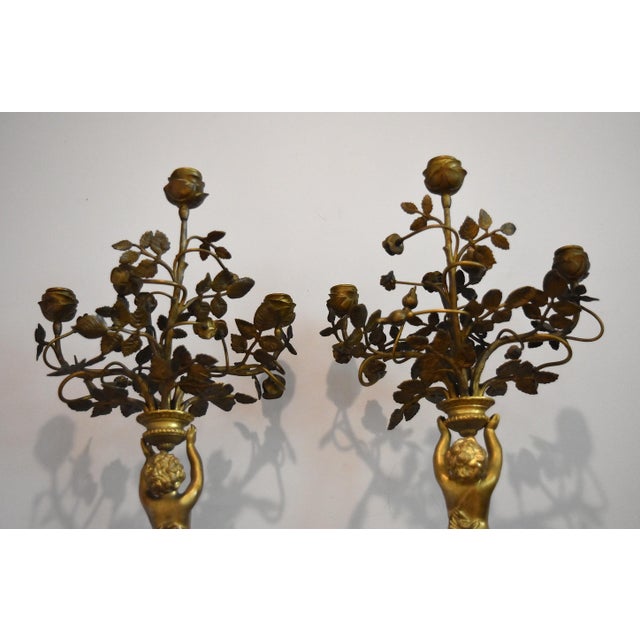 French 19Th Century Louis XVI Style Gilt and Bronze Mounted Cherub Candelabras on White Marble Stands For Sale - Image 11 of 17