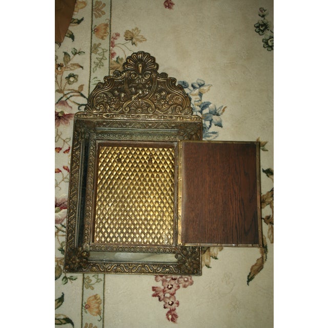 Wood Vintage Repousse Brass Cabinet Mirror For Sale - Image 7 of 7