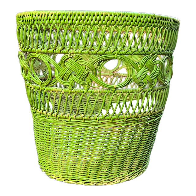Boho Vintage Lime Green Wicker Basket For Sale