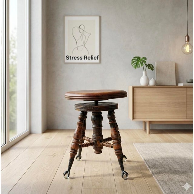 Victorian Late Victorian Adjustable Piano Stool With Glass Ball & Claw Feet, Circa 1880-1900 For Sale - Image 3 of 15