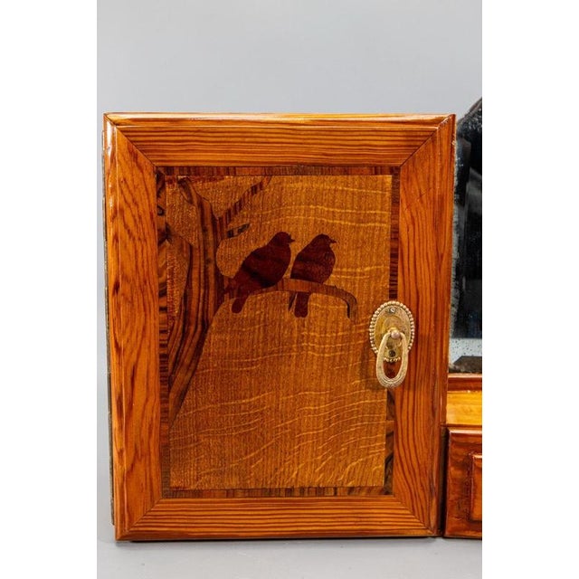 Brown French Art Deco Pine Wood Wall Cabinet with Bird Marquetry & Mirror, 1930s For Sale - Image 8 of 18